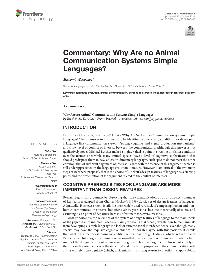 PDF) Commentary: Why Are no Animal Communication Systems Simple Languages?