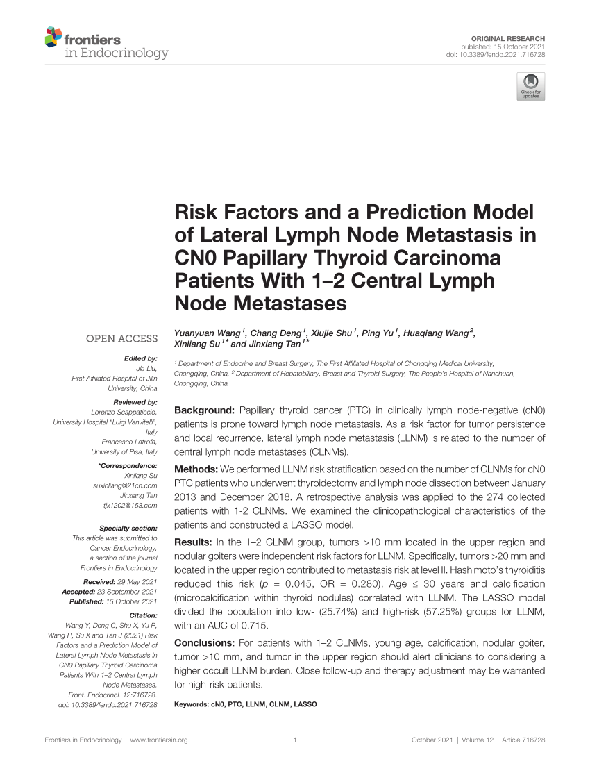 Pdf Risk Factors And A Prediction Model Of Lateral Lymph Node Metastasis In Cn0 Papillary 