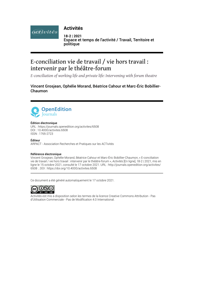 Pdf E Conciliation Vie De Travail Vie Hors Travail Intervenir Par Le Theatre Forume Conciliation Of Working Life And Private Life Intervening With Forum Theatre