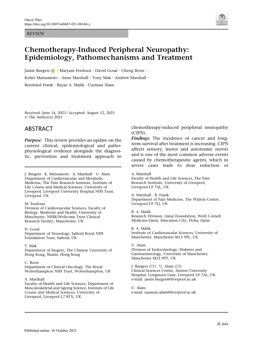 Pdf Chemotherapy Induced Peripheral Neuropathy Epidemiology Pathomechanisms And Treatment