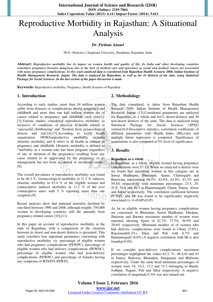 Pdf Reproductive Morbidity In Rajasthan A Situational Analysis Volume 5 Issue 2 February 3464