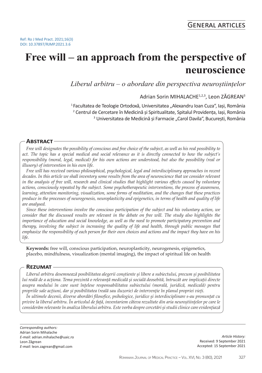 Romance Competitive Specialty PDF) Liberul arbitru - o abordare din perspectiva neuroștiințelor (Free  will - an approach from the perspective of neuroscience)