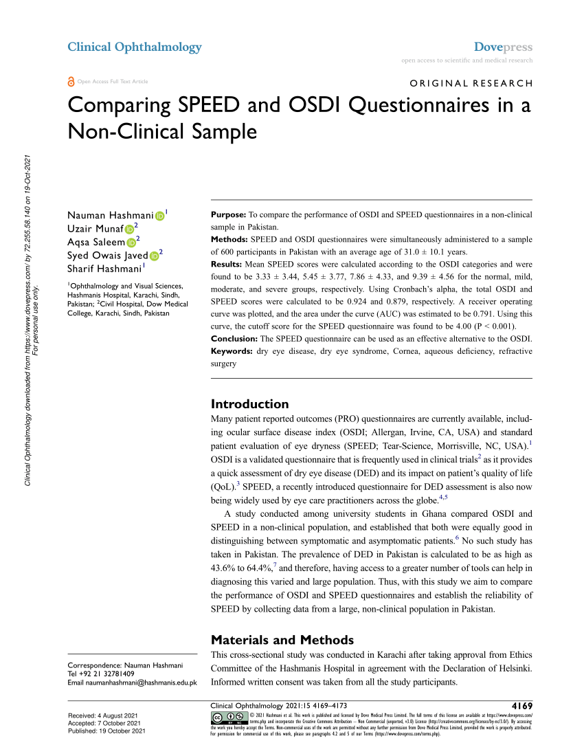 (PDF) Comparing SPEED and OSDI Questionnaires in a NonClinical Sample