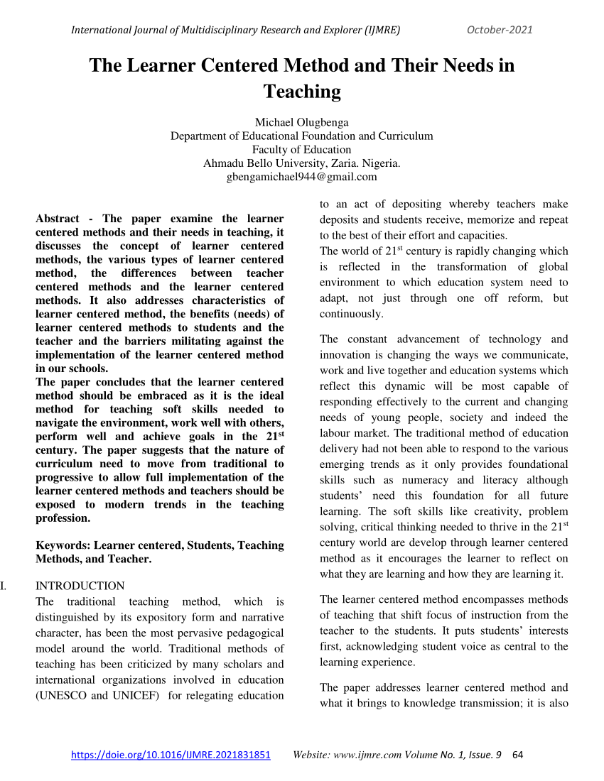 research paper about learner centered teaching