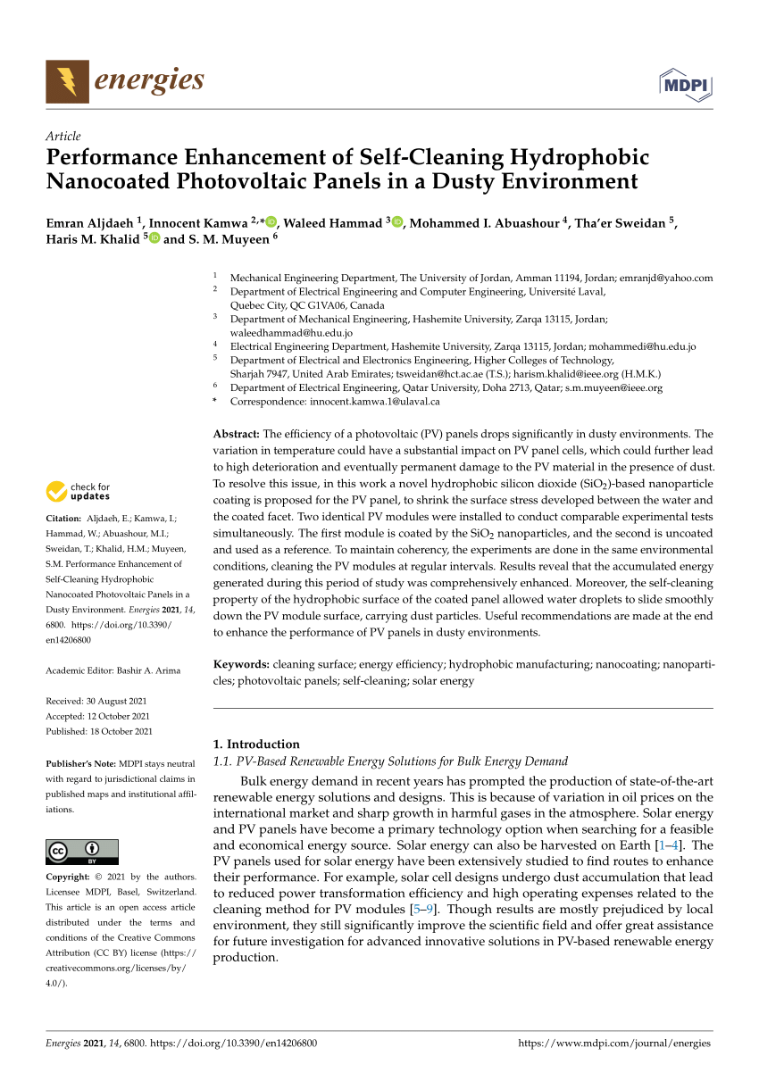 Enhance the performance of photovoltaic solar panels by a self-cleaning and  hydrophobic nanocoating