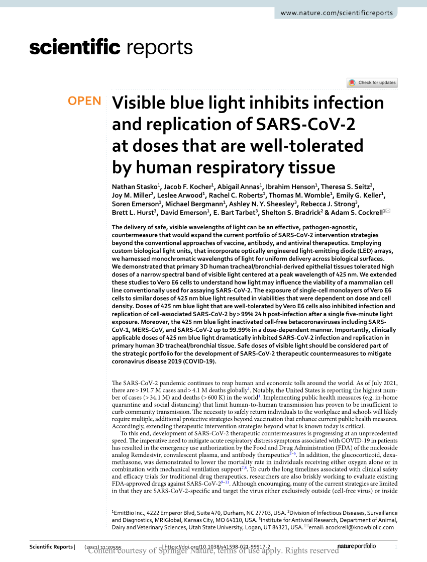 Pdf Visible Blue Light Inhibits Infection And Replication Of Sars Cov 2 At Doses That Are Well Tolerated By Human Respiratory Tissue