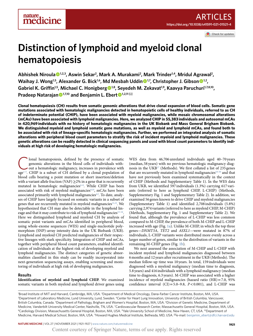 Distinction of lymphoid and myeloid clonal hematopoiesis