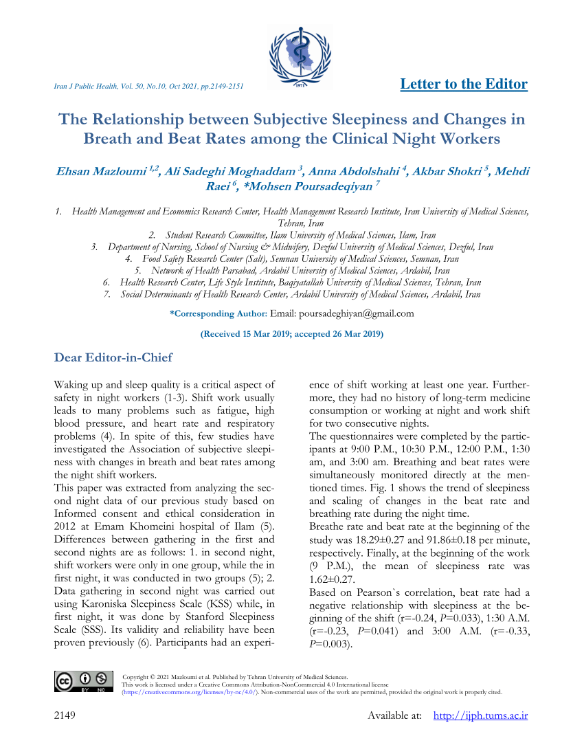 PDF) The Relationship between Subjective Sleepiness and Changes in Breath  and Beat Rates among the Clinical Night Workers