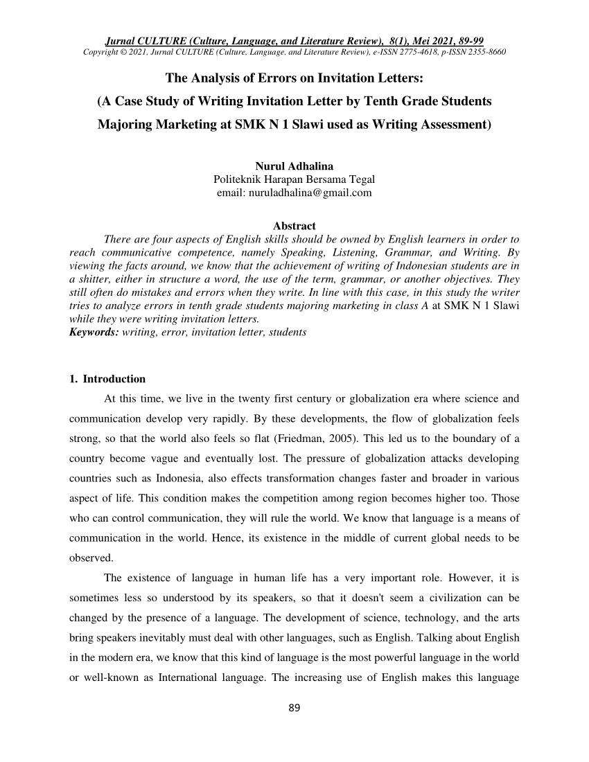 (PDF) ANALYSIS OF ERRORS ON INVITATION LETTERS: (A CASE STUDY OF