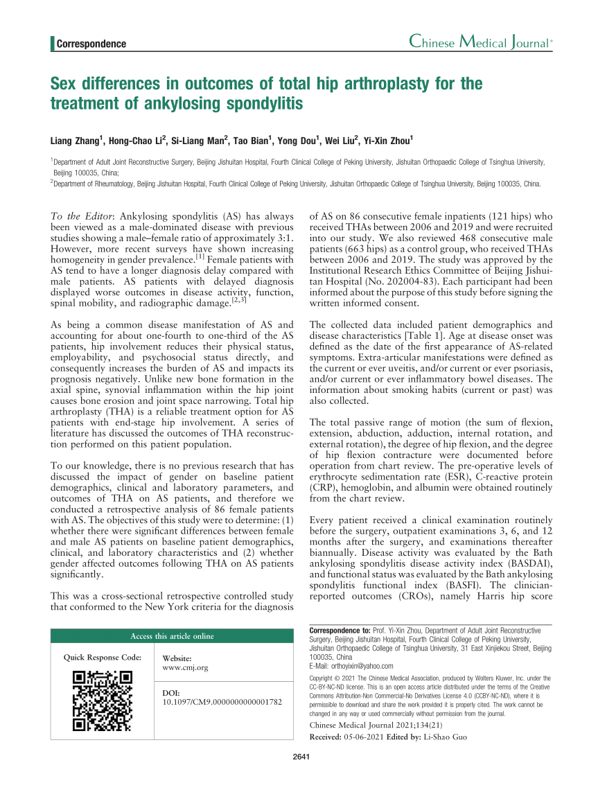 Pdf Sex Differences In Outcomes Of Total Hip Arthroplasty For The Treatment Of Ankylosing 9502