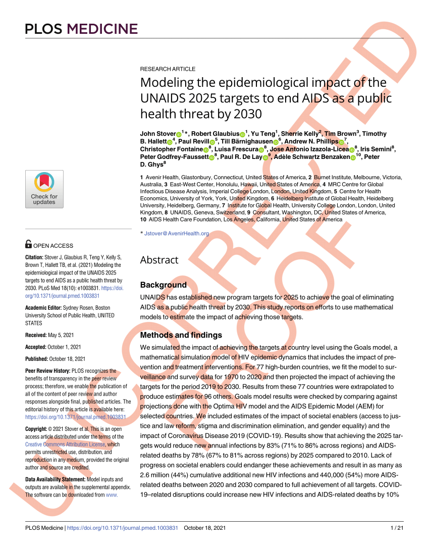 (PDF) Modeling the epidemiological impact of the UNAIDS 2025 targets to