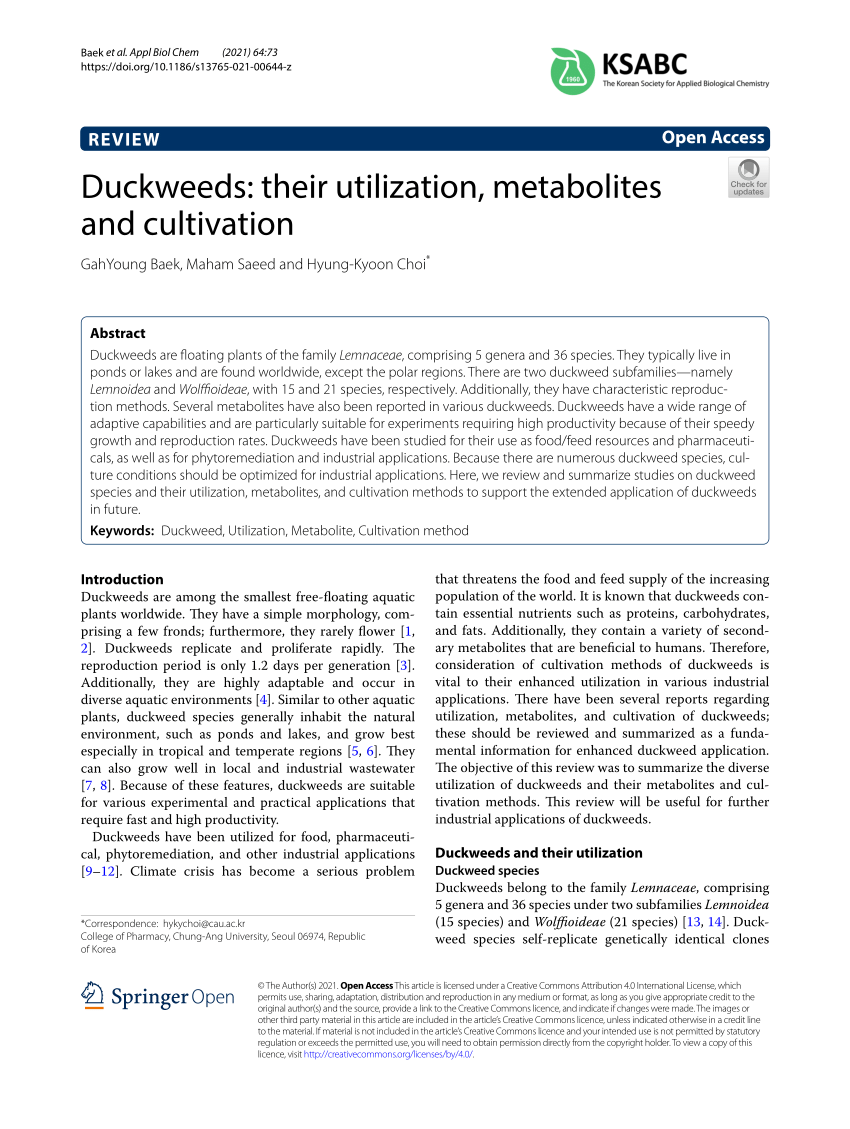 PDF) Duckweeds: their utilization, metabolites and cultivation