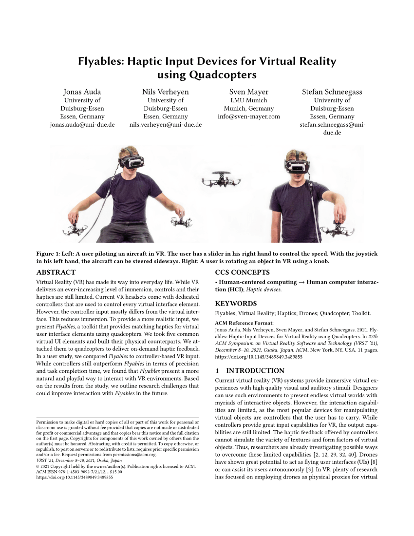 PDF) Flyables: Haptic Input Devices for Virtual Reality using Quadcopters
