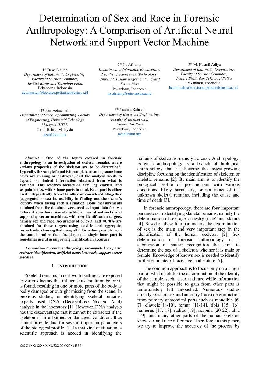 PDF) Determination of Sex and Race in Forensic Anthropology: A Comparison  of Artificial Neural Network and Support Vector Machine