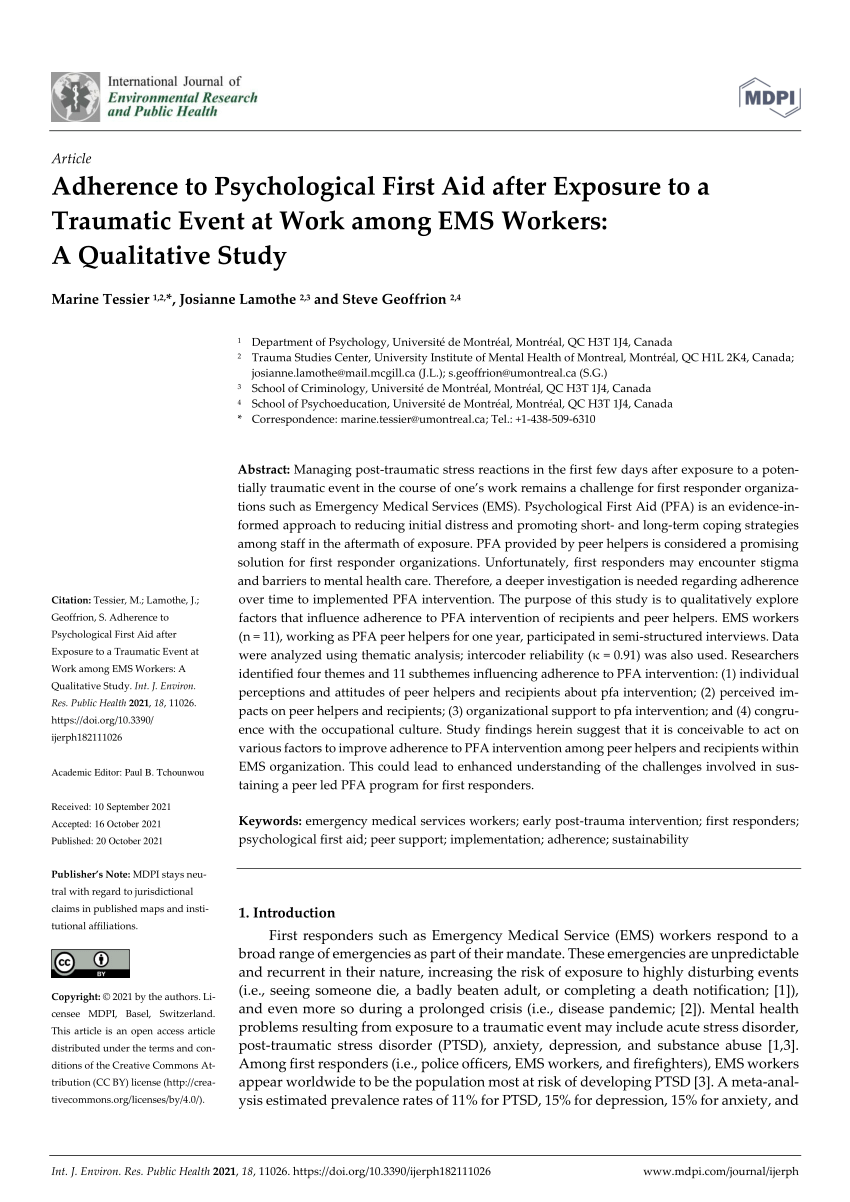 PDF) Adherence to Psychological First Aid after Exposure to a Traumatic  Event at Work among EMS Workers: A Qualitative Study
