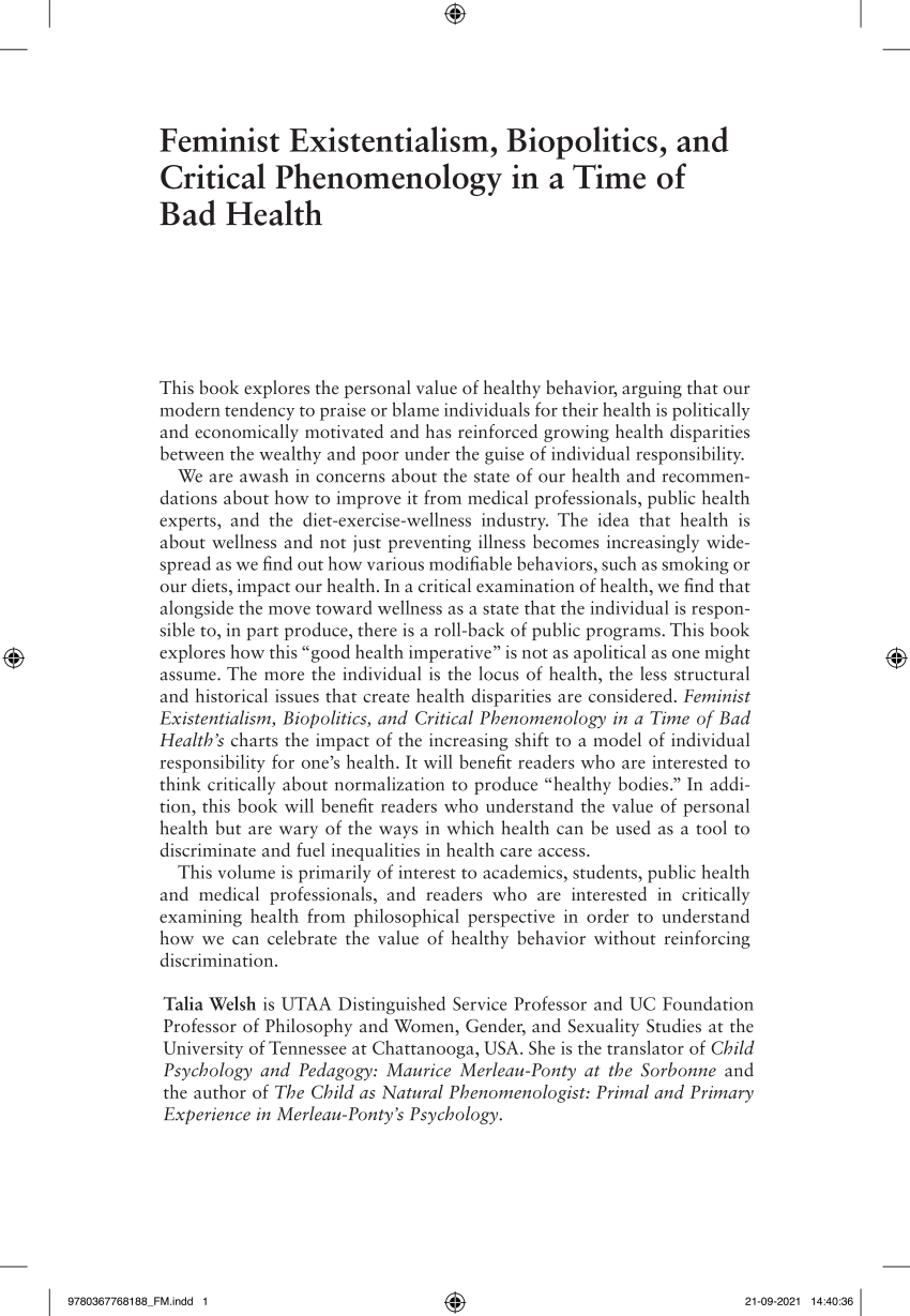 PDF) Feminist Existentialism, Biopolitics, and Critical Phenomenology in a Time of Bad Health