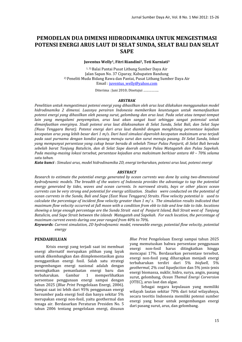 Pdf Pemodelan Dua Dimensi Hidrodinamika Untuk Mengestimasi Potensi Energi Arus Laut Di Selat 1766