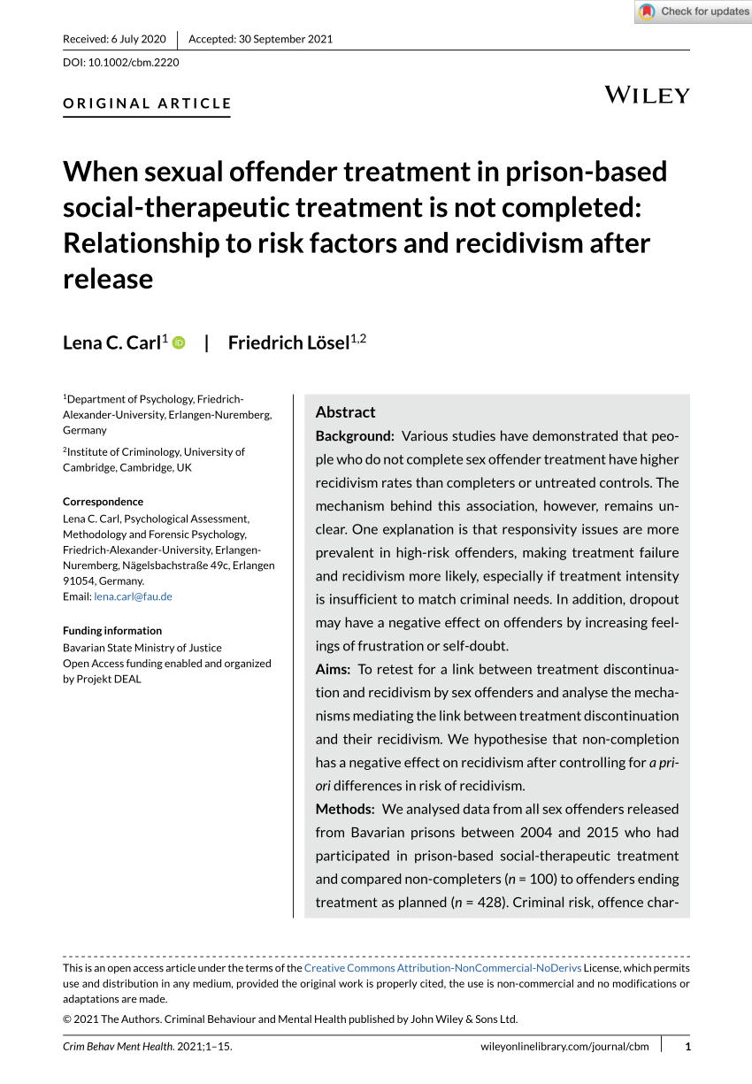 PDF) When sexual offender treatment in prison‐based social‐therapeutic  treatment is not completed: Relationship to risk factors and recidivism  after release