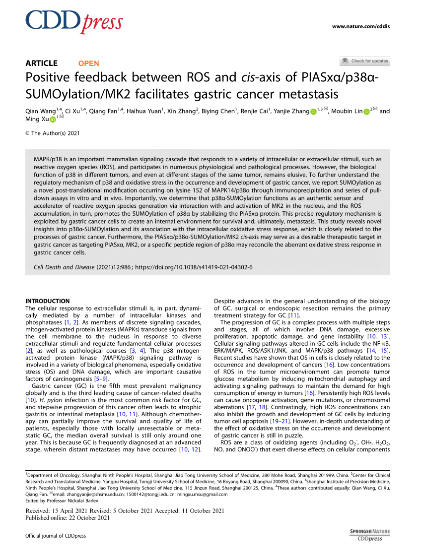 PDF) Positive feedback between ROS and cis-axis of PIASxα/p38α 