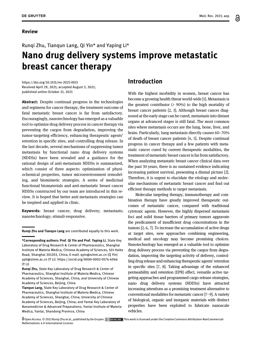Pdf Nano Drug Delivery Systems Improve Metastatic Breast Cancer Therapy