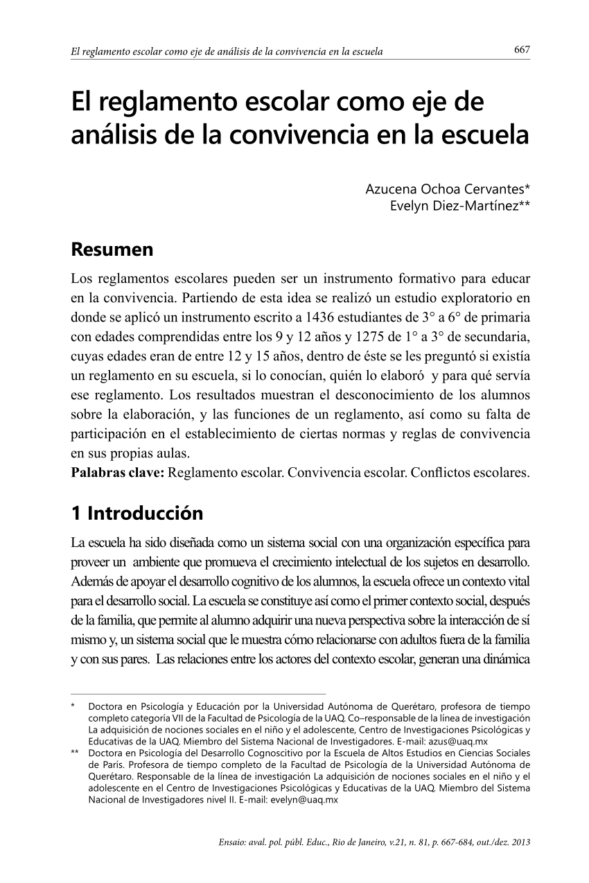 PDF) El reglamento escolar como eje de análisis de la convivencia en la  escuela