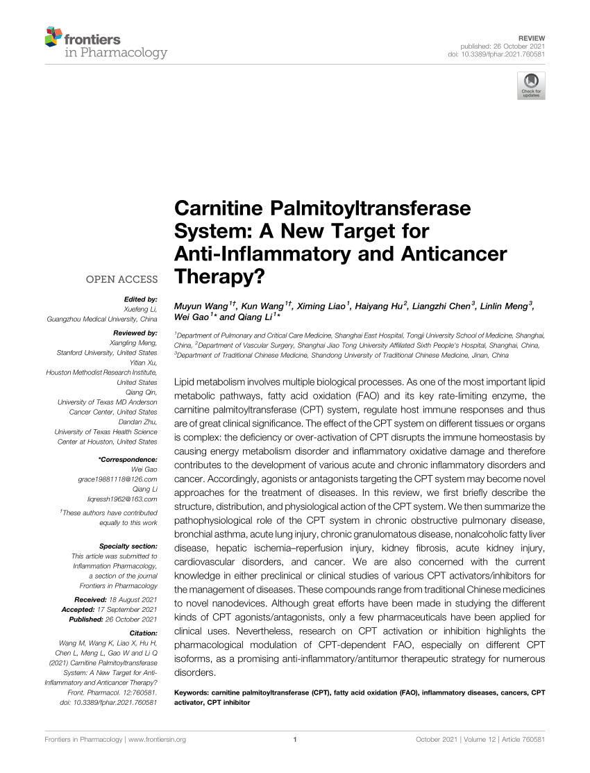 PDF) Carnitine Palmitoyltransferase System: A New Target for Anti 