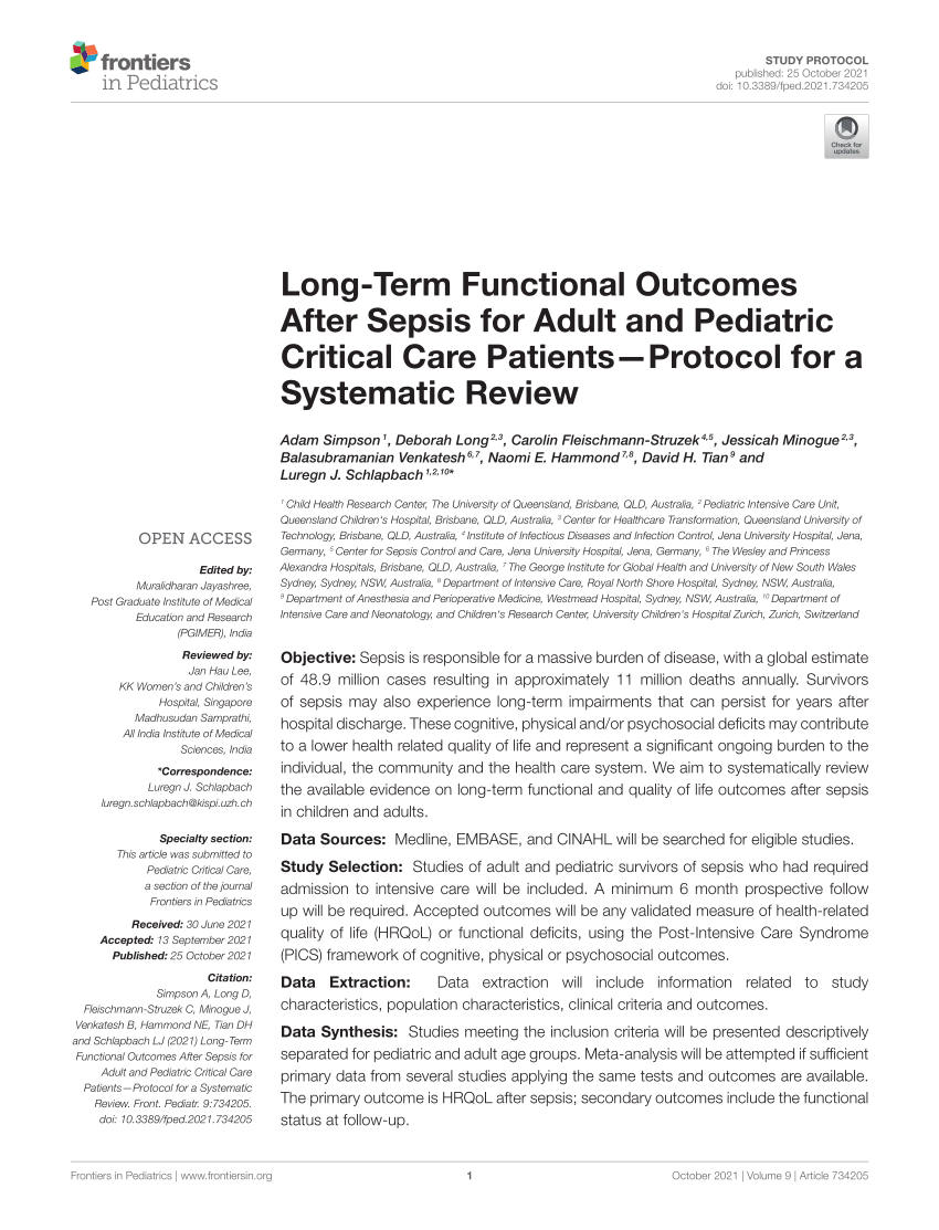 Pdf Long Term Functional Outcomes After Sepsis For Adult And Pediatric Critical Care Patients