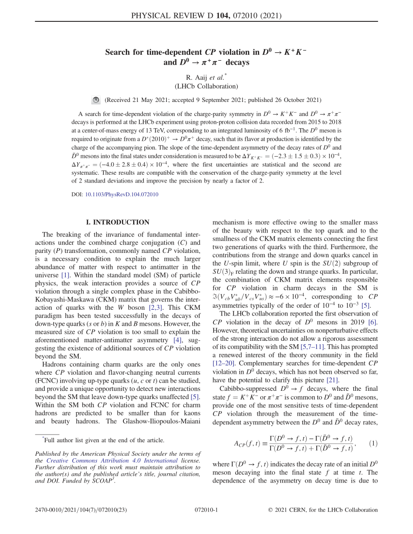 Pdf Search For Time Dependent C P Violation In D 0 K K And D 0 P P Decays