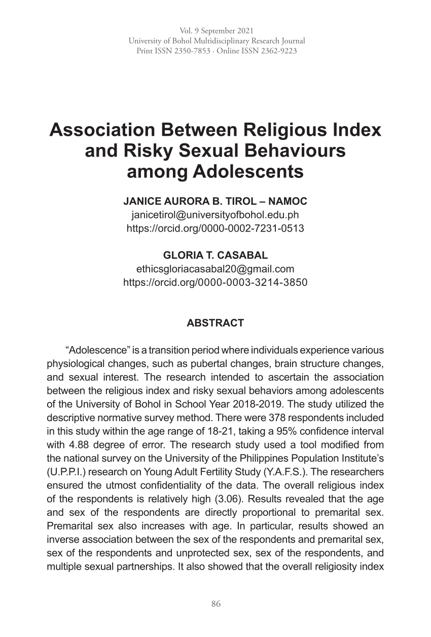 Pdf Association Between Religious Index And Risky Sexual Behaviours Among Adolescents