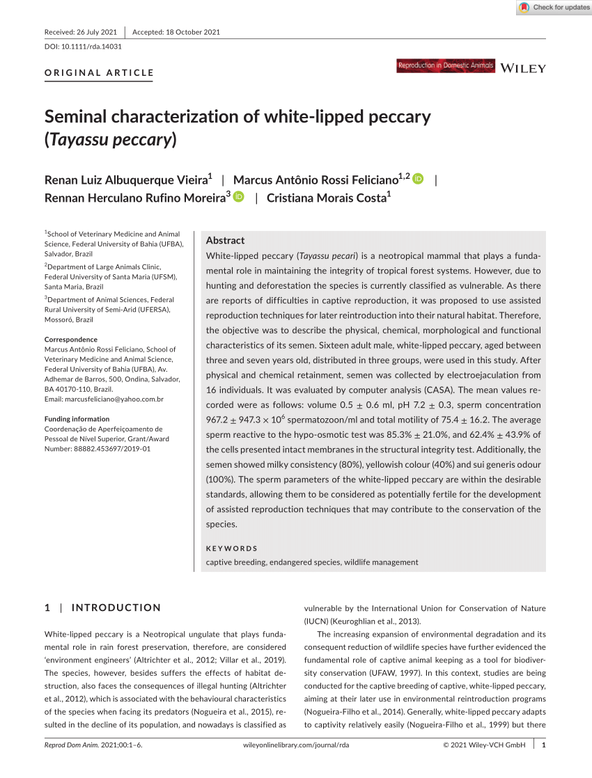 PDF) Seminal characterization of white‐lipped peccary ( Tayassu peccary )