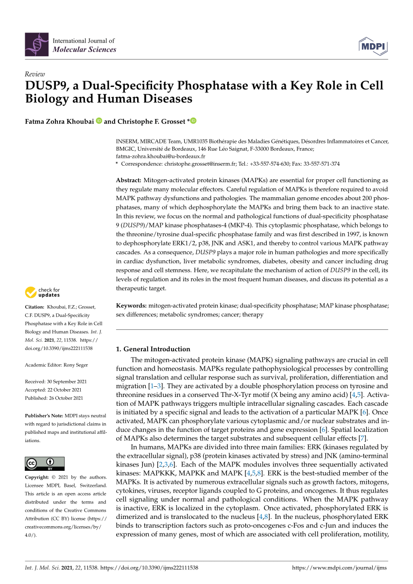 Pdf Dusp9 A Dual Specificity Phosphatase With A Key Role In Cell Biology And Human Diseases