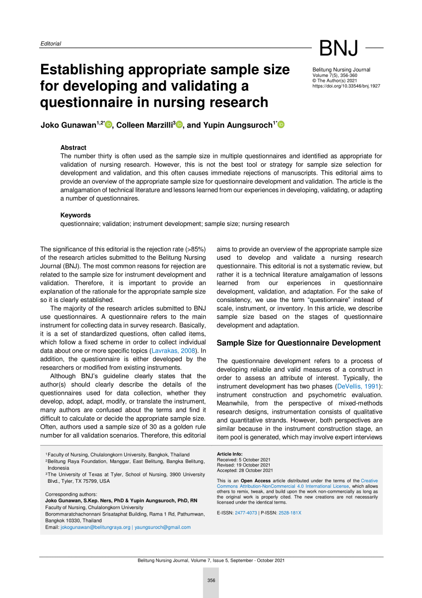 Pdf Establishing Appropriate Sample Size For Developing And Validating A Questionnaire In Nursing Research