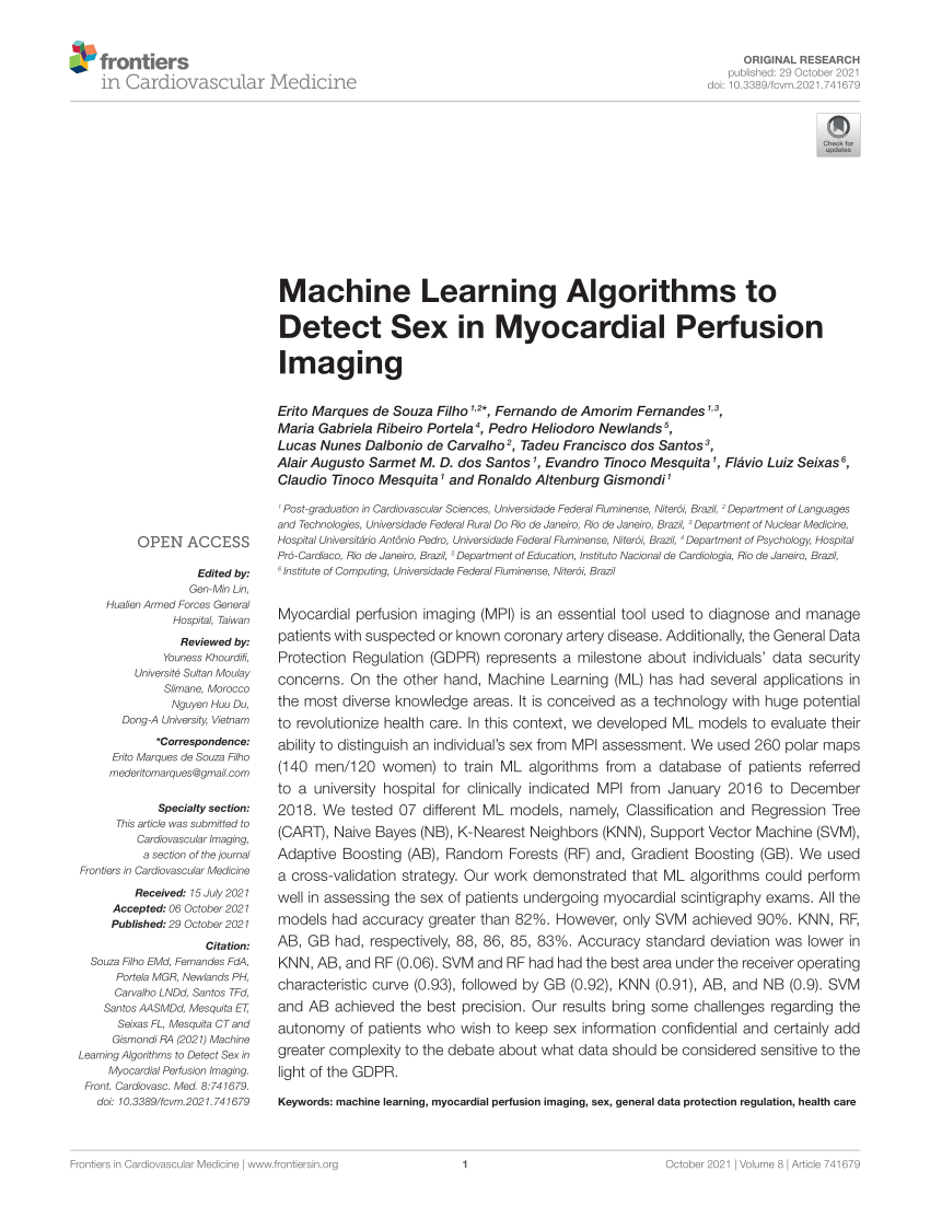 Pdf Machine Learning Algorithms To Detect Sex In Myocardial Perfusion Imaging 