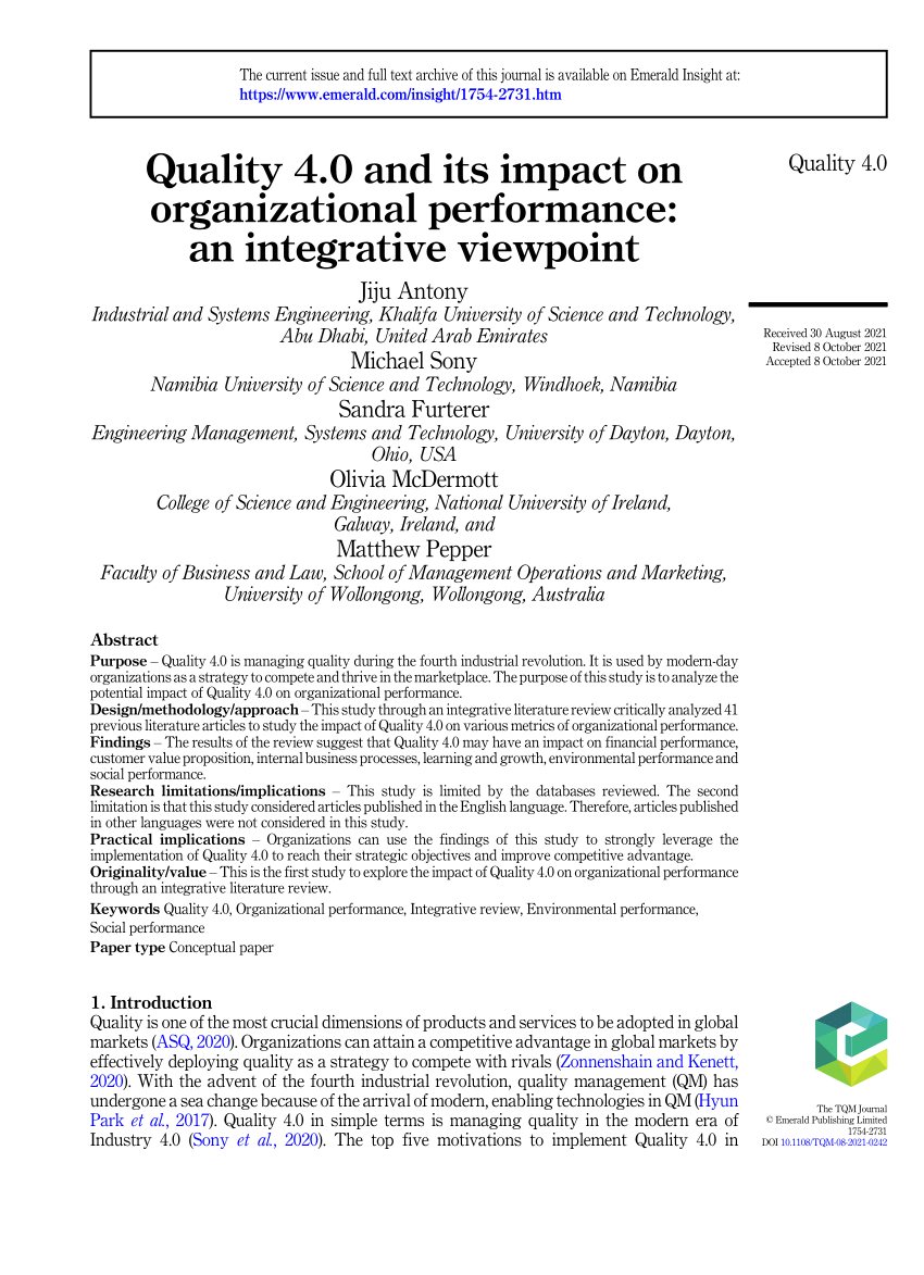 PDF) Quality 4.0 and its impact on organizational performance: an