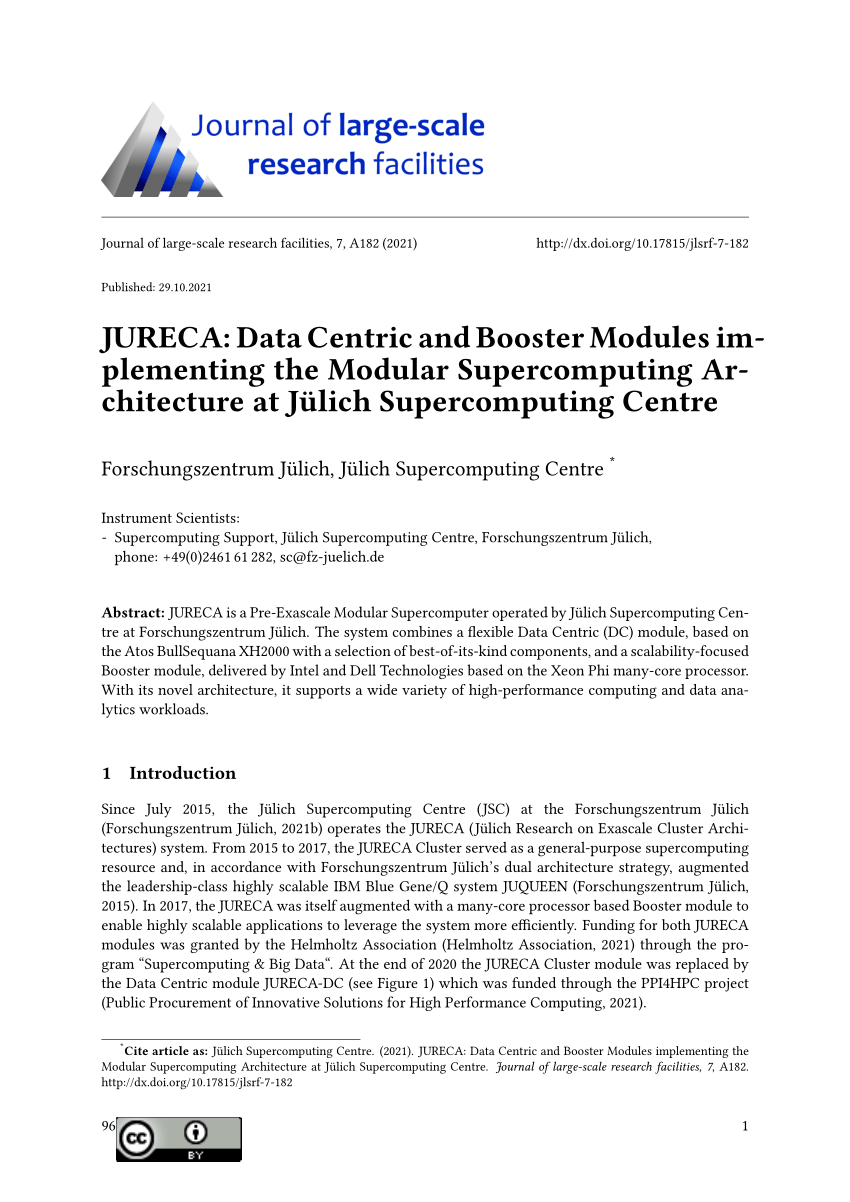 PDF) JURECA: Data Centric and Booster Modules implementing the Modular  Supercomputing Architecture at Jülich Supercomputing Centre