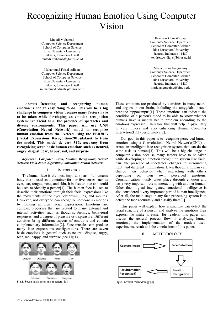 PDF) Recognizing Human Emotion Using Computer Vision