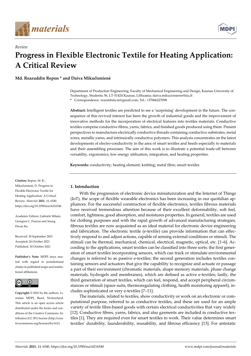 PDF) Progress in Flexible Electronic Textile for Heating Application: A  Critical Review