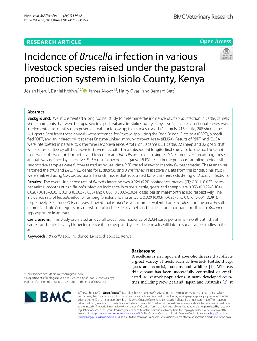 PDF) Incidence of Brucella infection in various livestock species raised under the pastoral production system in Isiolo County, Kenya