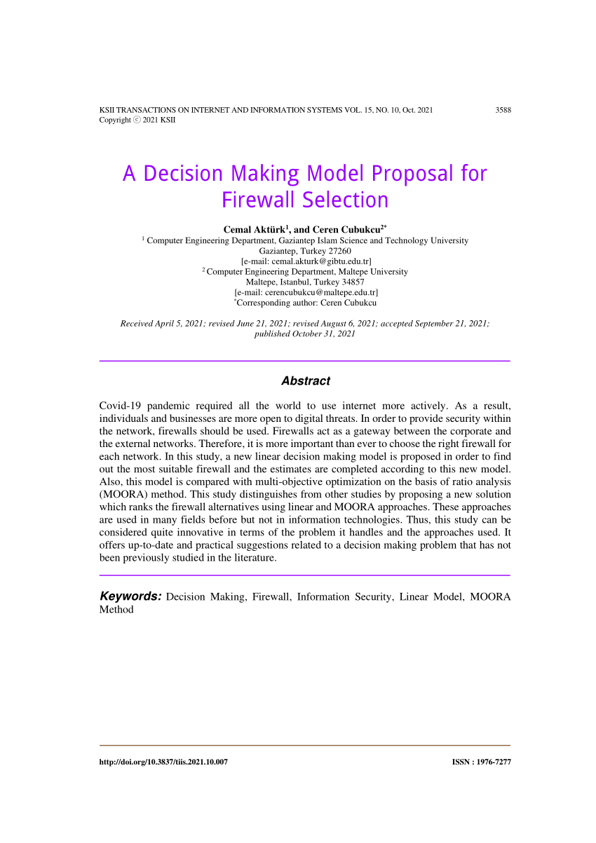 pdf a decision making model proposal for firewall selection