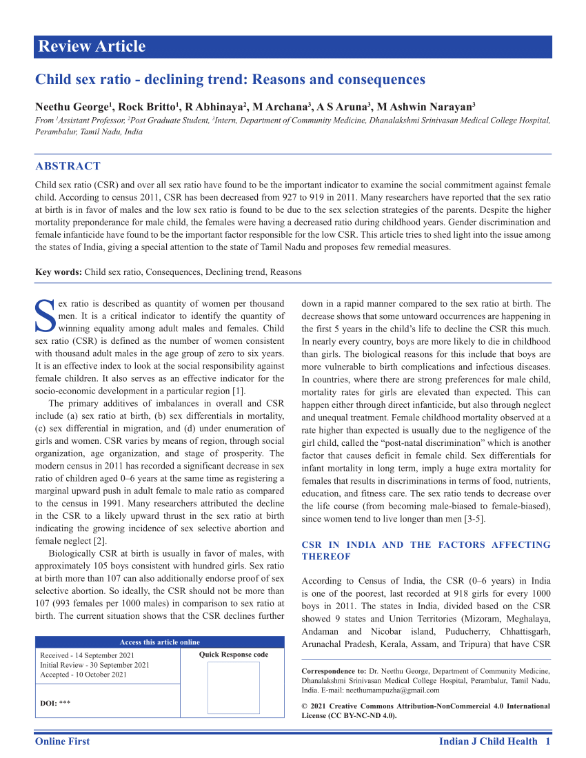 PDF) Child sex ratio -declining trend: Reasons and consequences