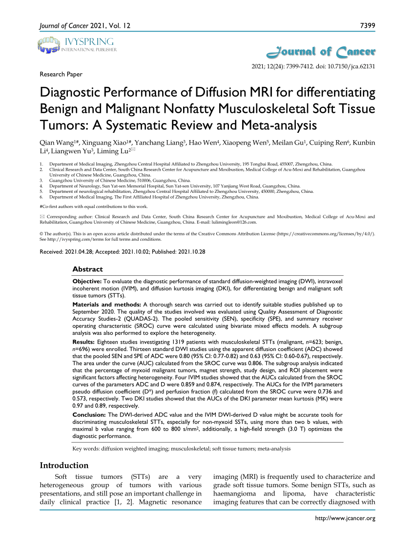Pdf Diagnostic Performance Of Diffusion Mri For Differentiating