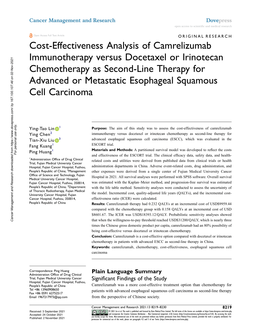 Pdf Cost Effectiveness Analysis Of Camrelizumab Immunotherapy Versus Docetaxel Or Irinotecan 6684