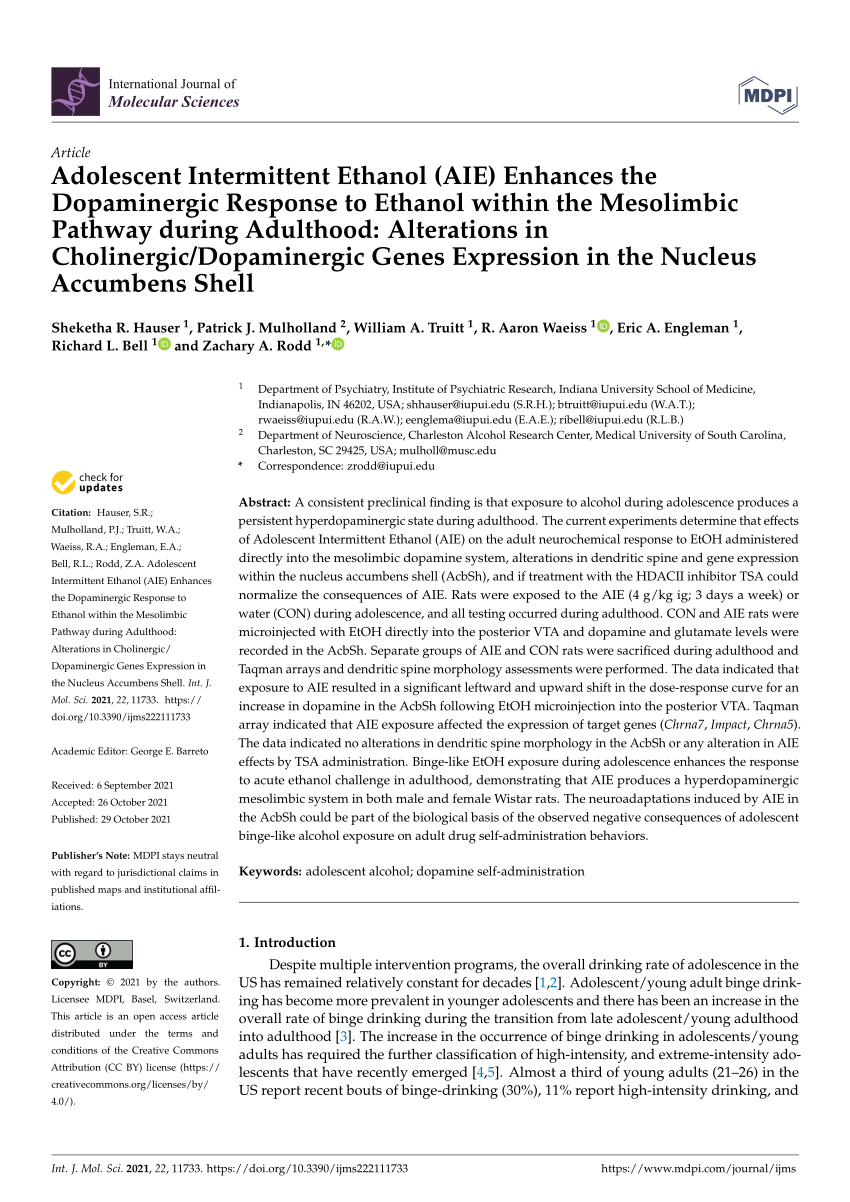 Pdf Adolescent Intermittent Ethanol Aie Enhances The Dopaminergic Response To Ethanol Within The Mesolimbic Pathway During Adulthood Alterations In Cholinergic Dopaminergic Genes Expression In The Nucleus Accumbens Shell