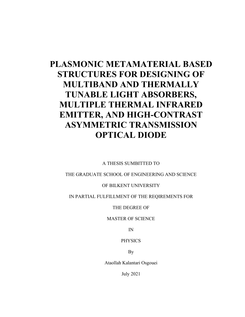 PDF) PLASMONIC METAMATERIAL BASED STRUCTURES FOR DESIGNING OF MULTIBAND AND  THERMALLY TUNABLE LIGHT ABSORBERS, MULTIPLE THERMAL INFRARED EMITTER, AND  HIGH-CONTRAST ASYMMETRIC TRANSMISSION OPTICAL DIODE