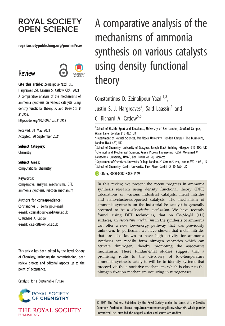 PDF) A comparative analysis of the mechanisms of ammonia synthesis on  various catalysts using density functional theory