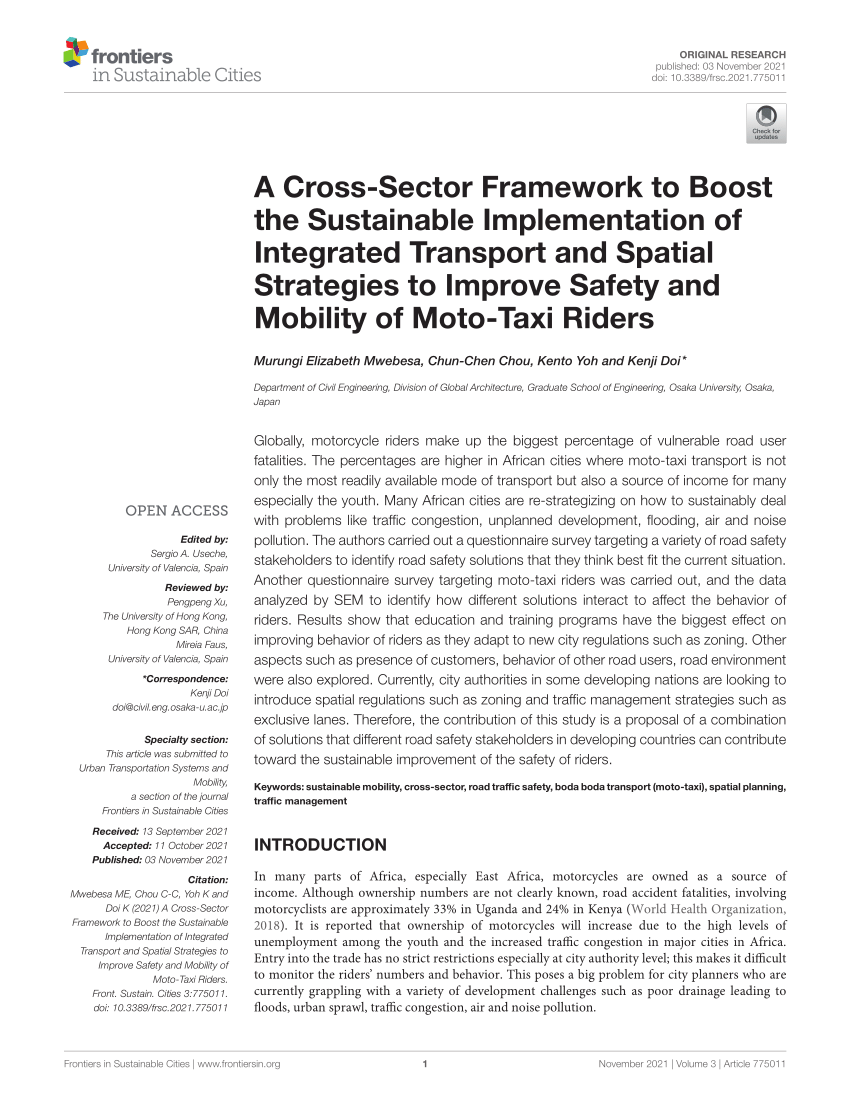 Pdf A Cross Sector Framework To Boost The Sustainable Implementation Of Integrated Transport And Spatial Strategies To Improve Safety And Mobility Of Moto Taxi Riders