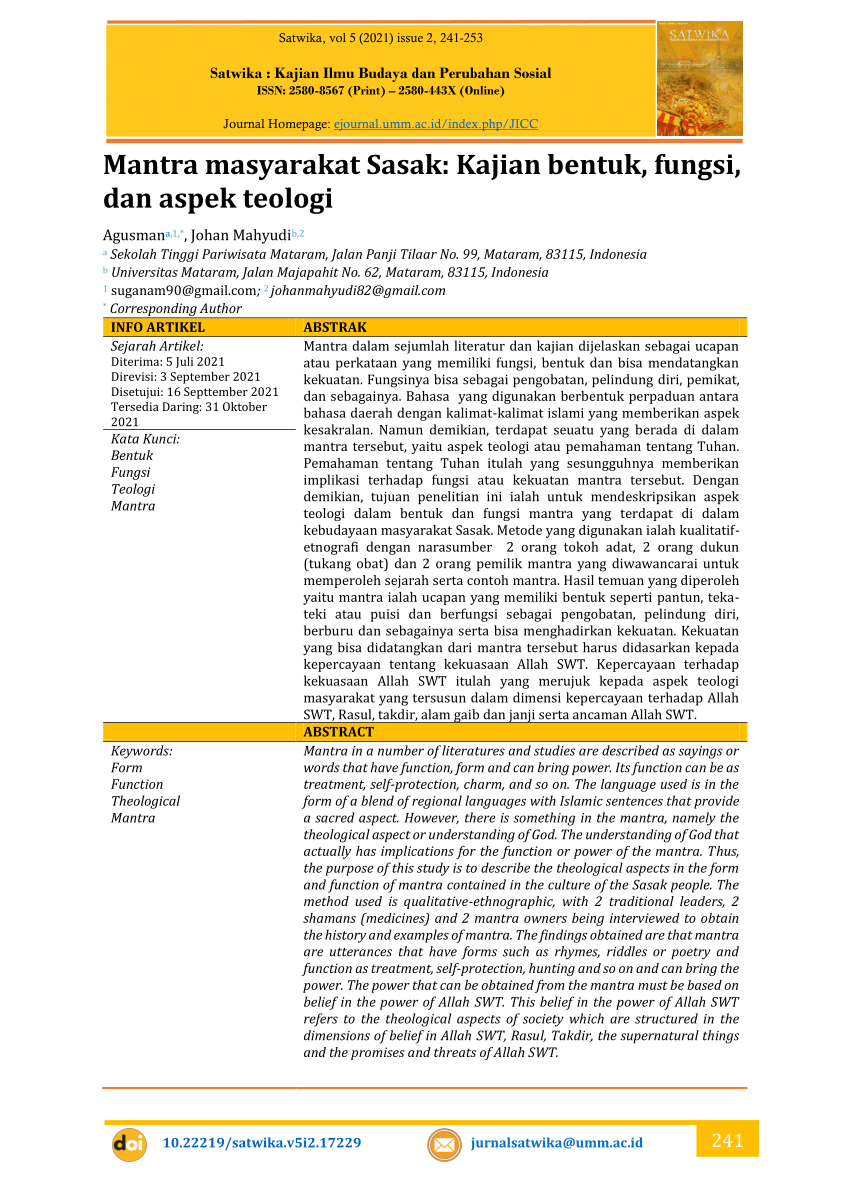 Pdf Mantra Masyarakat Sasak Kajian Bentuk Fungsi Dan Aspek Teologi