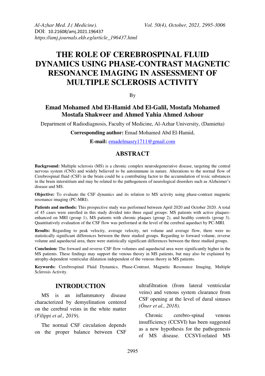 Pdf The Role Of Cerebrospinal Fluid Dynamics Using Phase Contrast Magnetic Resonance Imaging