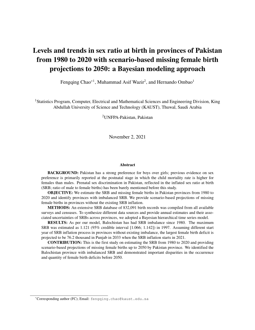 Pdf Levels And Trends In Sex Ratio At Birth In Provinces Of Pakistan From 1980 To 2020 With