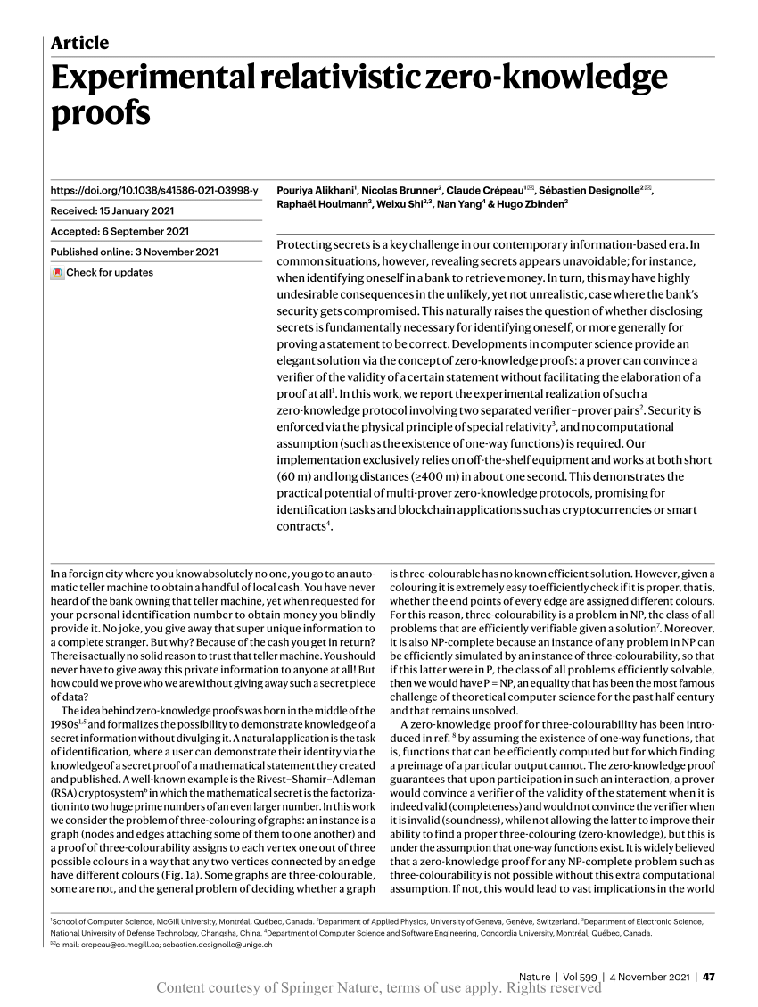 experimental relativistic zero knowledge proofs